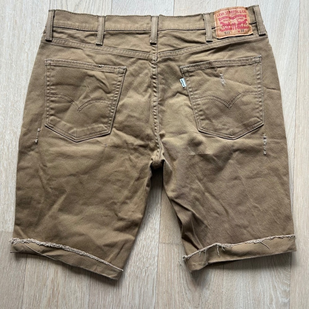 Levi's 511 Cut Off Shorts 38 Brown Khaki Distressed Slim Fit Twill Frayed Hem